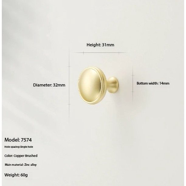 1 paquete: manija de puerta de armario, manija sólida de gabinete de un solo orificio con cajón de color cobre simple y moderno, oro de lujo claro francés de aleación de zinc