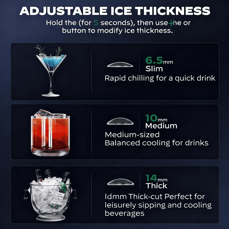 Countertop Crescent Ice Maker with Clear Slow-Melting Ice, Adjustable Ice Thickness, Timer Function, Self-Cleaning Ice Machine, Makes 16 Cubes in 15 Minutes, Up to 22 lbs Per Day