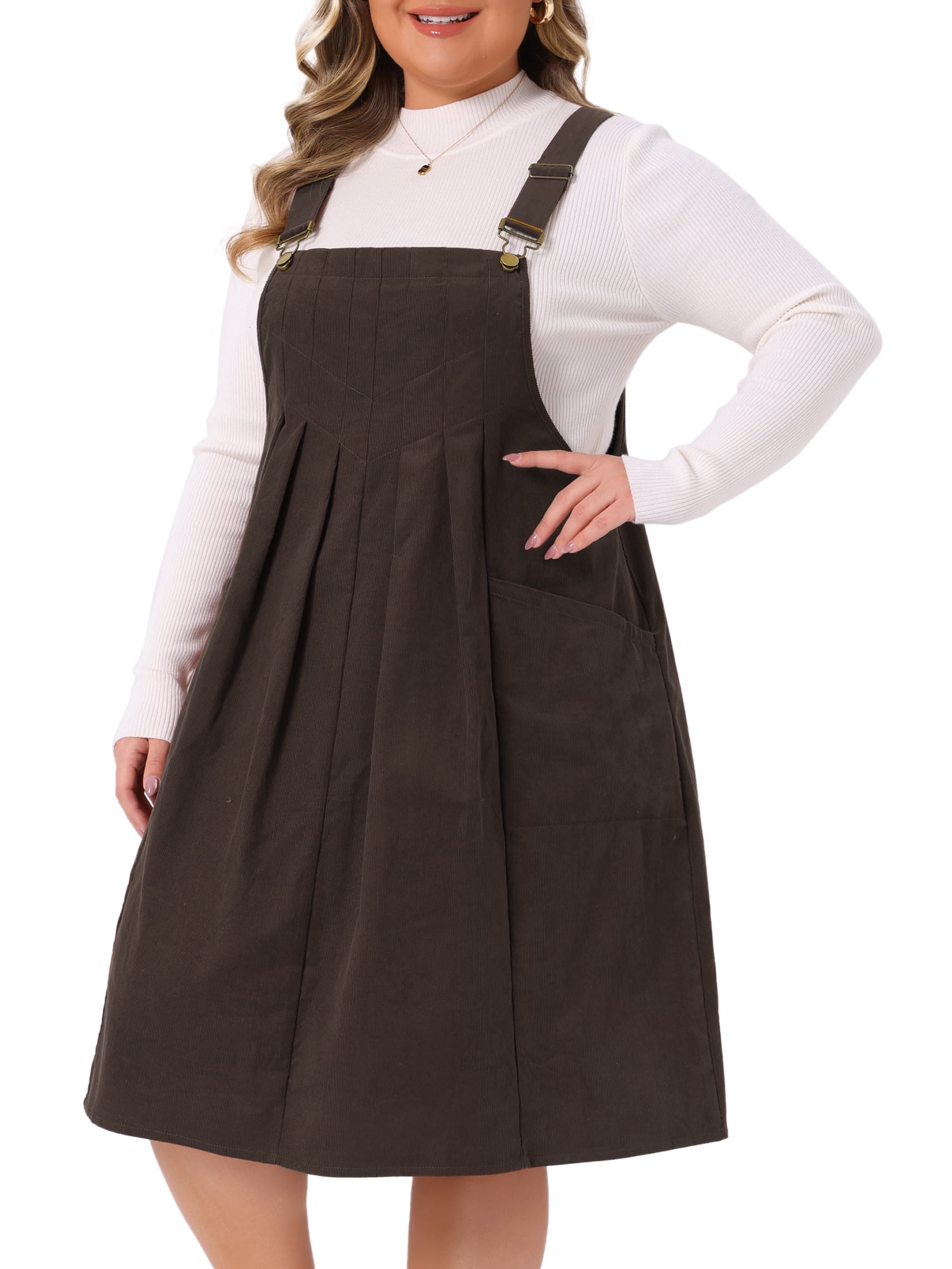 DARING DIVA Women's Plus Corduroy Pinafore Dress Pleated Skirt 2X Dark Brown