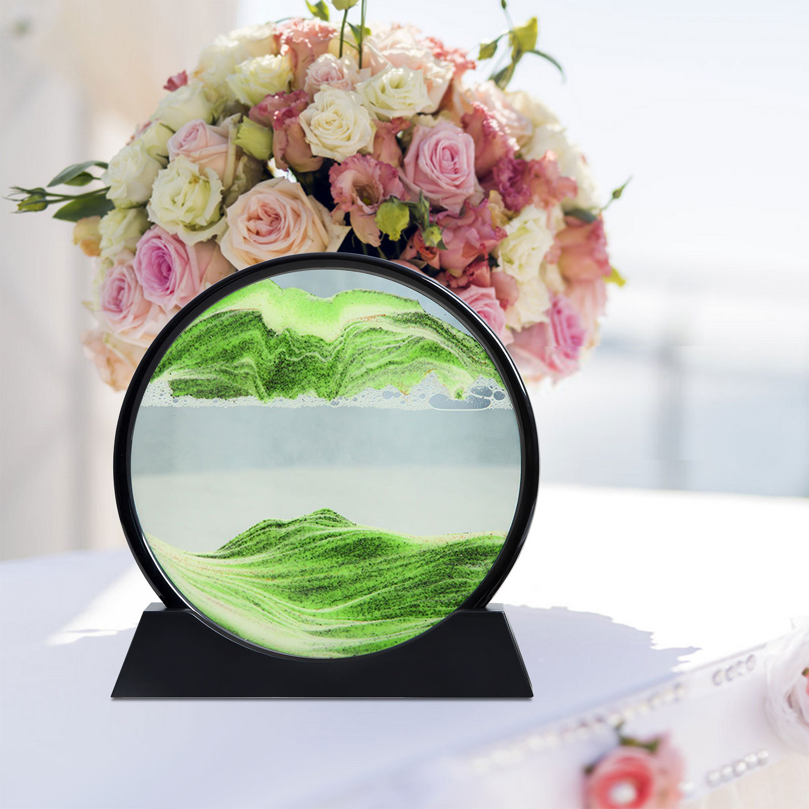Moving Sand Art Liquid Motion, 3D Deep Sea Sandscape Color Quicksand Decor, Round Glass Moving Sand Art Picture Relaxing Desktop Home Office Work Decor (7 inch-Green)-Camping Essentials