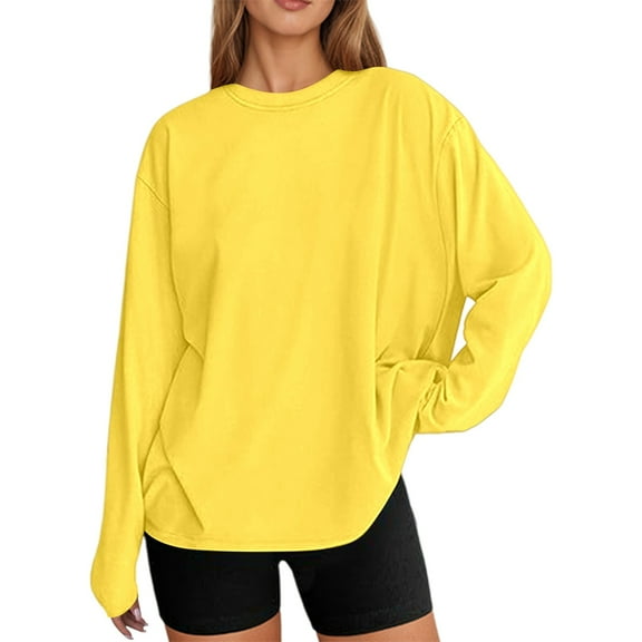 Telankuip Womens Long Sleeve Oversized T Shirts Basic Solid Color Crewneck Workout Tee Tops 2025 Fall Winter Loose Fit Casual Stylish Workout Clothes Yellow XS