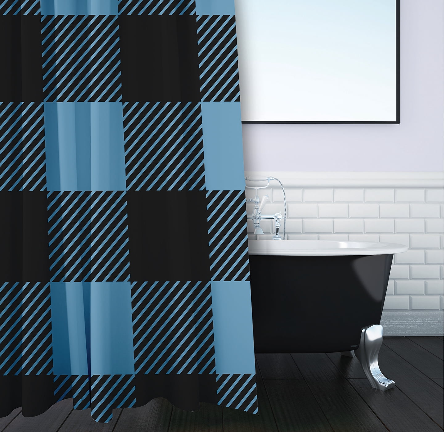 Simply Daisy 70" W x 73" L Buffalo Plaid Polyester Shower Curtain, Chambray [1 Ct]