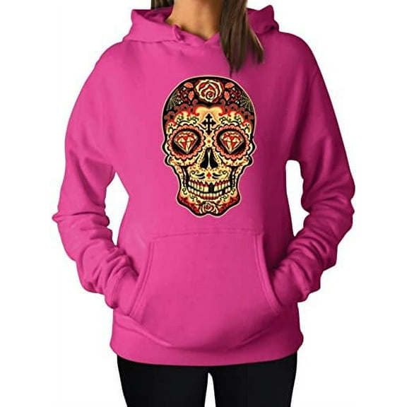 TeeStars Women's - Sugar Skull Diamond Hoodie Small Pink