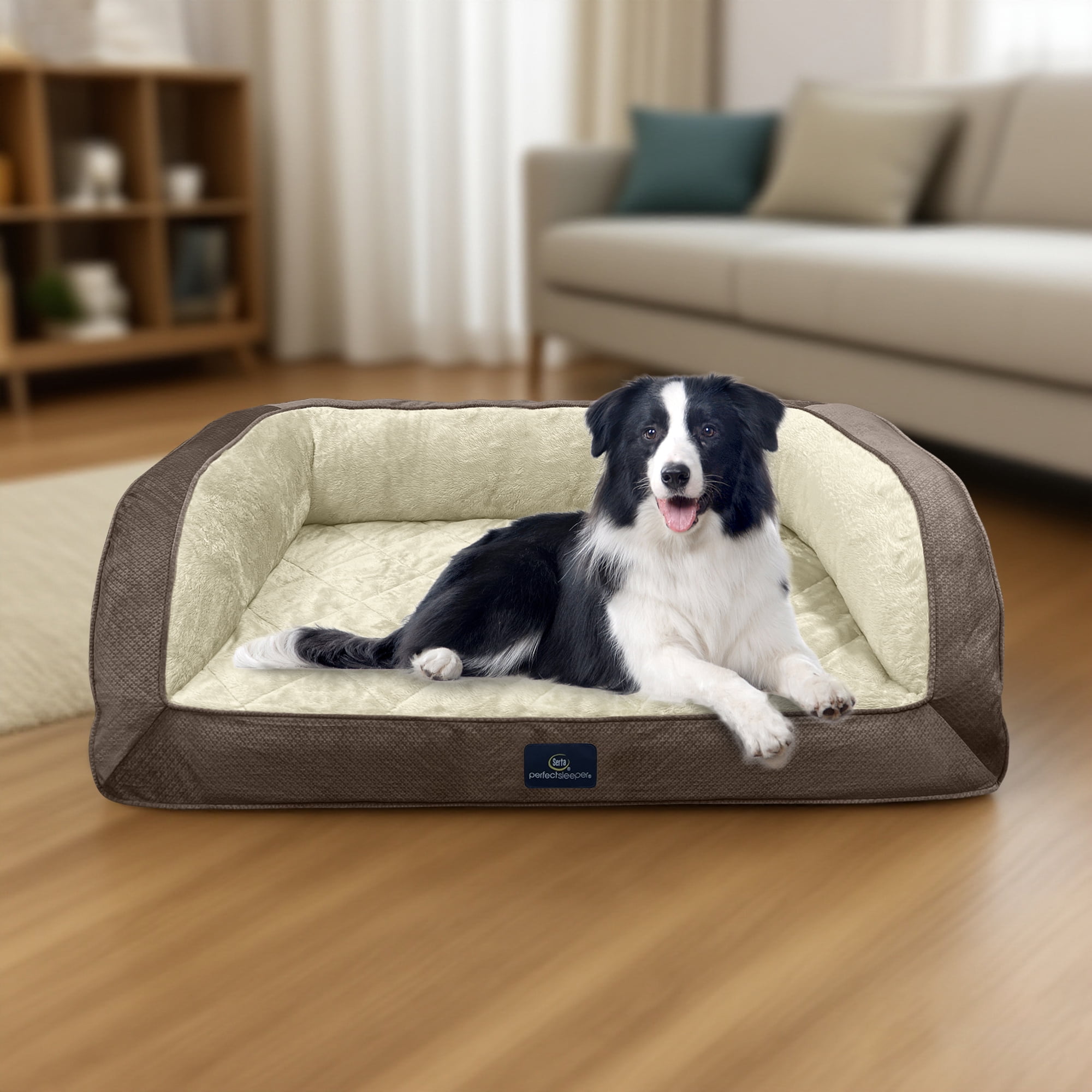 Serta Quilted Orthopedic Bolster Couch Cat & Dog Bed, Mocha, Extra Large