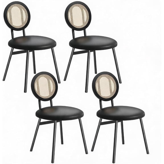 Set of 4 Upholstered Dining Chairs, Cane Woven Back Kitchen Chairs with Thick Cushions, Metal Legs, Space-Saving Design, 300 lb Capacity,Black