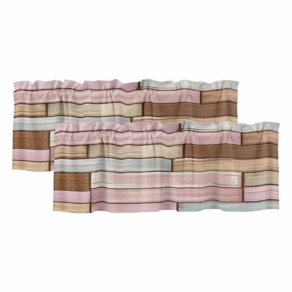 Vintage Wood Grain Valances for Window 2 Pack, Pink Brown Board Farmhouse Rod Pocket Curtains Valances Light Filtering Short Curtains for Kitchen Bedroom Bathroom 42 x 12 Inch