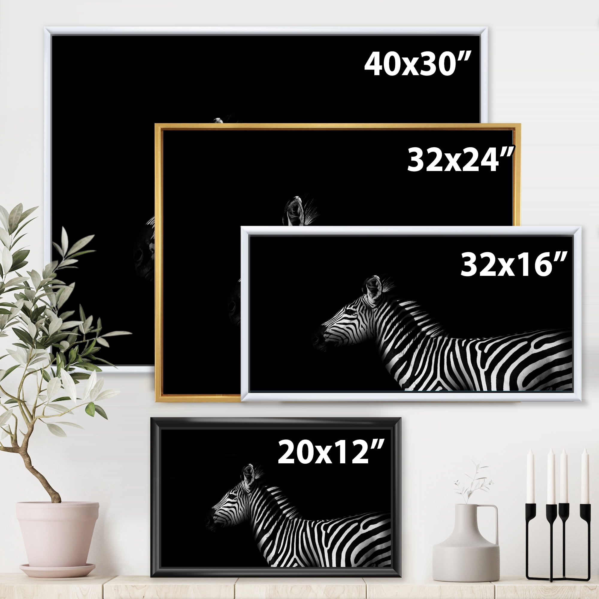 Sideview Of Zebra In White and Black 32 in x 16 in Framed Photography Canvas Art Print, by Designart