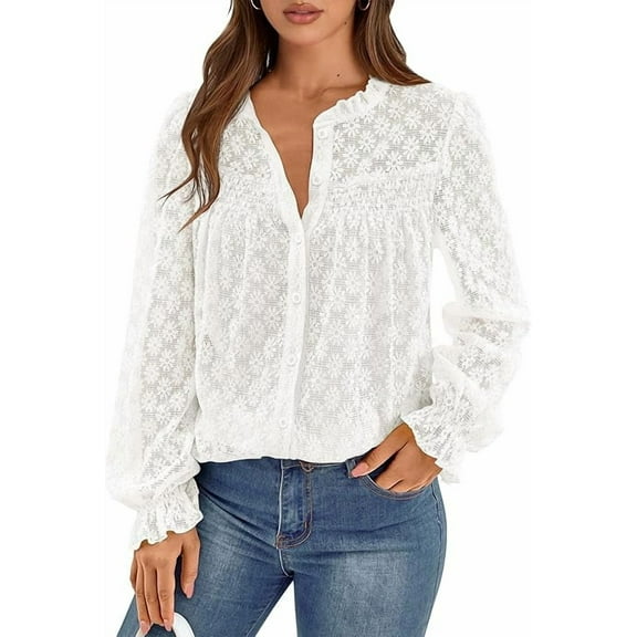 PRETTYGARDEN Lace Long Sleeve Tops for Women Eyelet Blouses Dressy Casual Hollow Out Button Down Shirts Spring Fashion