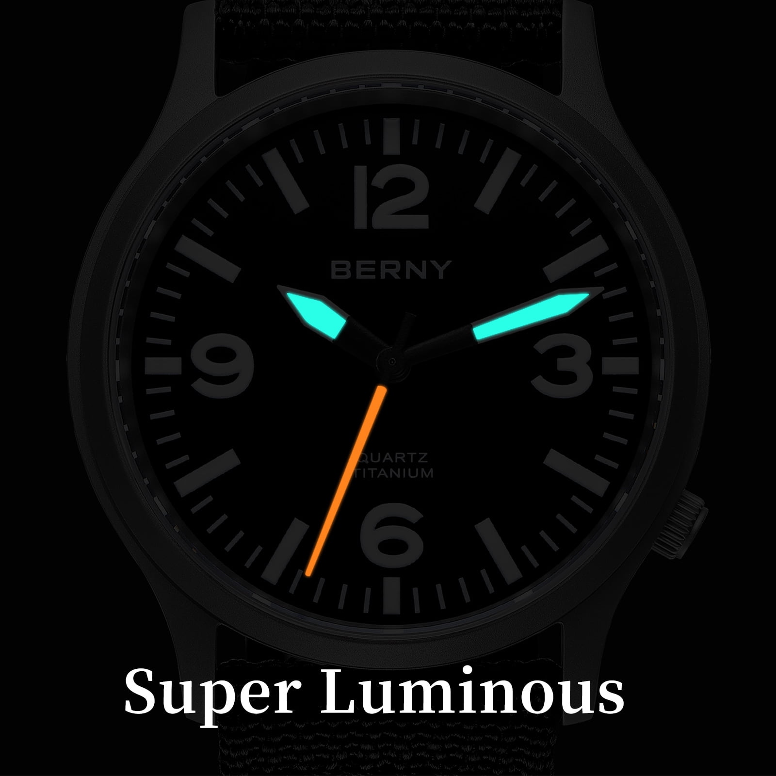 BERNY Watches for Men Military Sport Nylon Strap Titanium Field Watch with Sapphire Crystal Luminous Fashion Analog Quartz Watch Easy to Read 50M Waterproof Army Tactical Casual Wristwatch (Black)