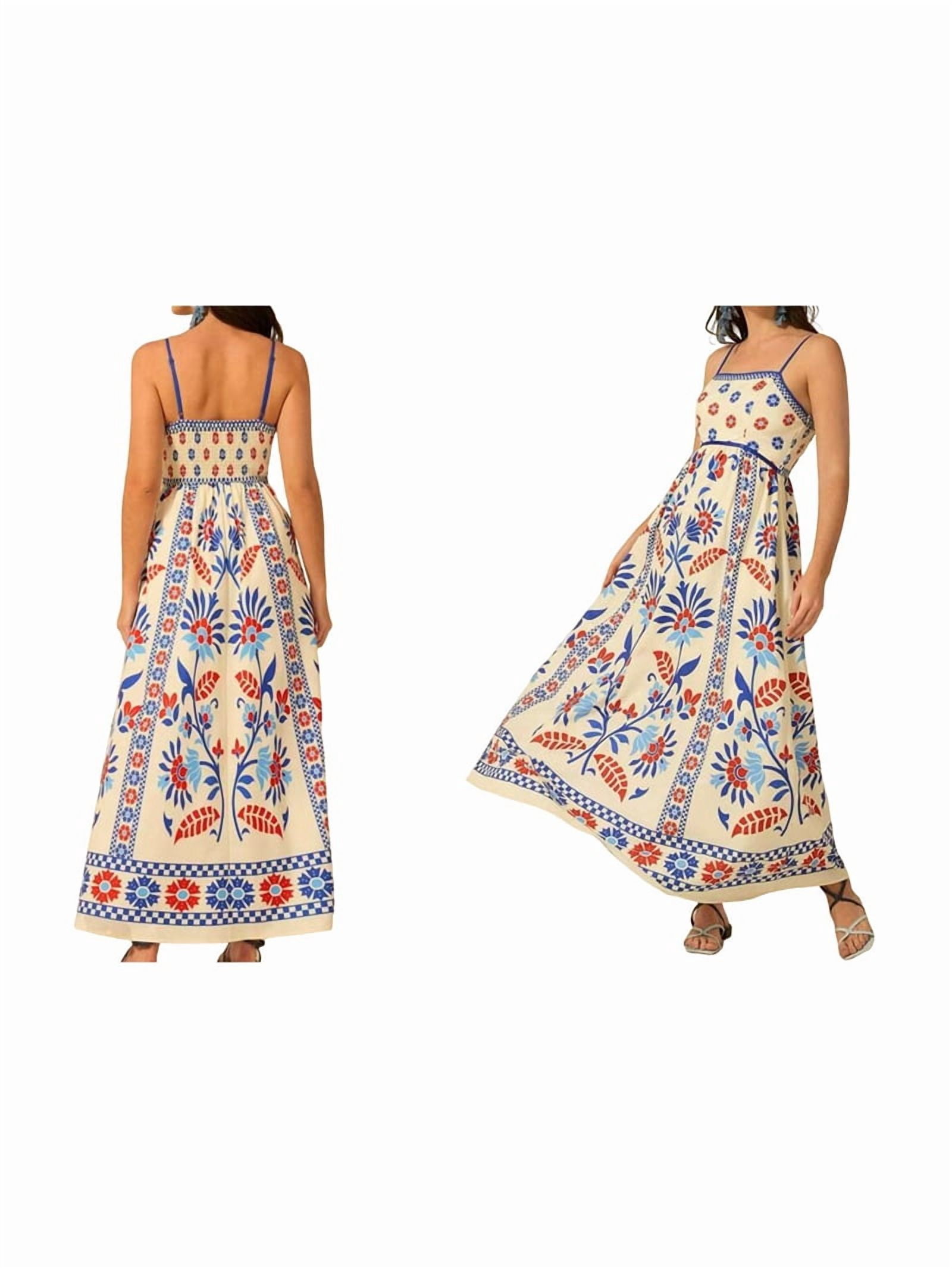 Womens 2025 Summer Floral Maxi Dress Sleeveless Spaghetti Strap Printed Smocked Boho Beach Long Dress Red & Blue XL