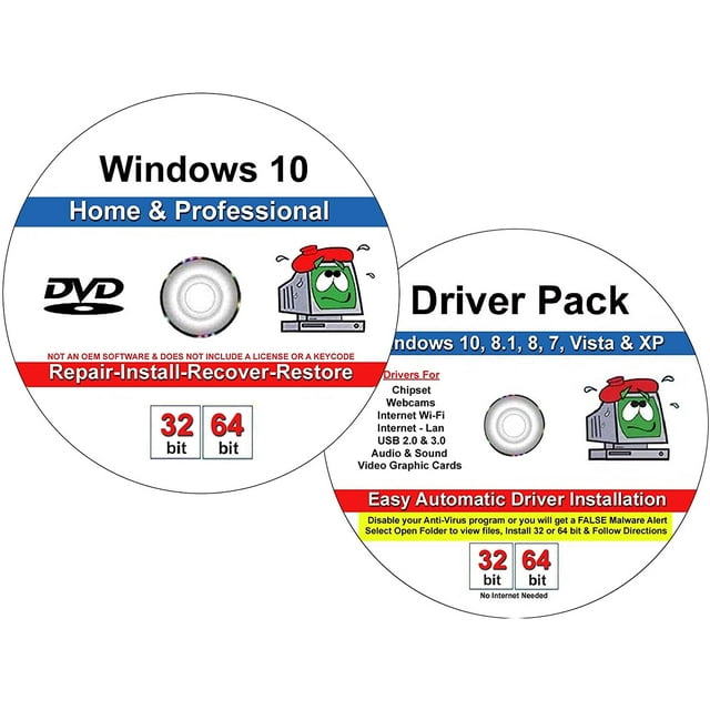 Windows 10 Home & Professional Repair Restore Recover & Re-install 32/64 Bit DVD Plus Windows Drivers Pack