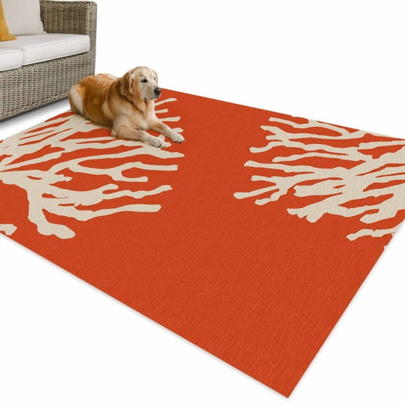 Outdoor Rug 6x9 ft Nautical Coastal Waterproof Outdoor Patio Rug Mat Non Slip Outside Area Rugs Carpet for RV,Camping,Porch,Deck,Pool,Balconybackyard,Ocean Coral Print Orange White