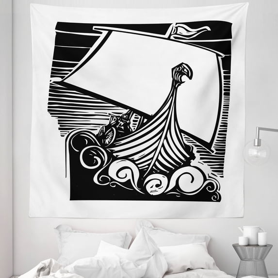 Nordic Tapestry, Viking Longship Sailing on Swirling Waves Stormy Ocean Exploration Theme Art, Fabric Wall Hanging Decor for Bedroom Living Room Dorm, 5 Sizes, Black and White, by Ambesonne