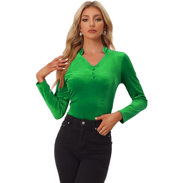 Blusa casual de manga larga con cuello en V de terciopelo para mujer Verde S