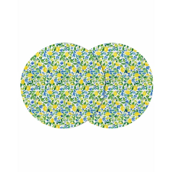 Summer Lemon Round 15 Inch Placemats Set of 2, Green Botanical Blue Flowers HeatResistant Non Slip Place Mats for Dining Table, Wipeable Braided Kitchen Table Mats for Housewarming