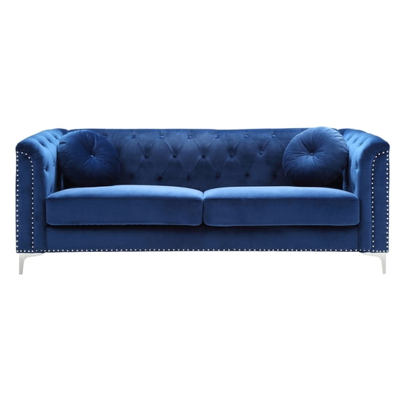 Pompano 83" Navy Blue Tufted Velvet Loveseat with 2-Throw Pillow