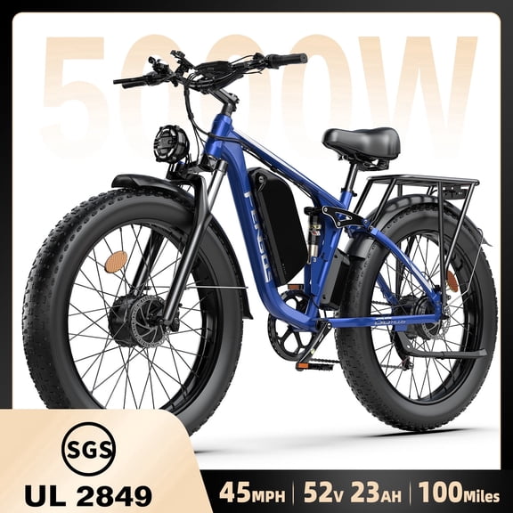 FENGQS 5000W Electric Bike for Adults, 52V 1196Wh Battery, 26"x4" Fat Tyre, Dual Hydraulic Disc Brake, Dual Motor Ebike, Full Suspension, 45MPH 100 Miles Maximum Range, UL 2849, Blue