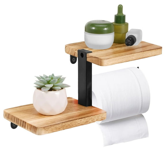 Jokapy Toilet Paper Holder with Walnut Wooden Shelf, Wall Mount Tissue Roll Holder for Bathroom