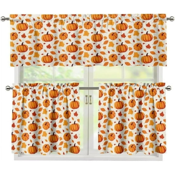 Fall Pumpkin Kitchen Curtains Valance Set of 3 Thanksgiving Window Curtains Set Autumn Leaf Valance Curtain Window Drapes,36" Tier & Valance Set