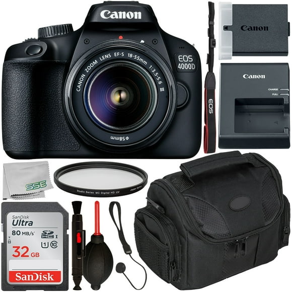 Canon EOS 4000D DSLR Camera with 18-55mm III Lens & Starter Accessory Bundle - Includes: SanDisk Ultra 32GB SDHC Memory Card + Camera Carrying Case + Ultraviolet Filter + Lens Cap Keeper + More