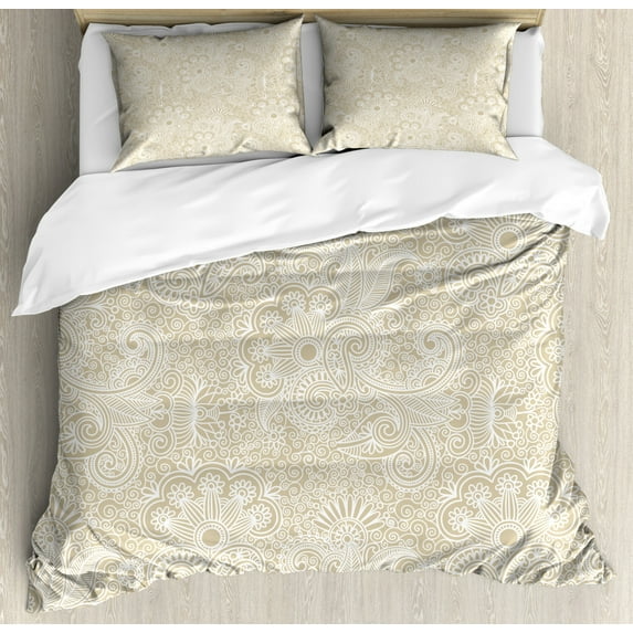 Henna Duvet Cover Set Queen Size, Nature Inspired Curly Motifs Abstract Intricate Flourish Pattern Retro Revival Design, Decorative 3 Piece Bedding Set with 2 Pillow Shams, Tan White, by Ambesonne