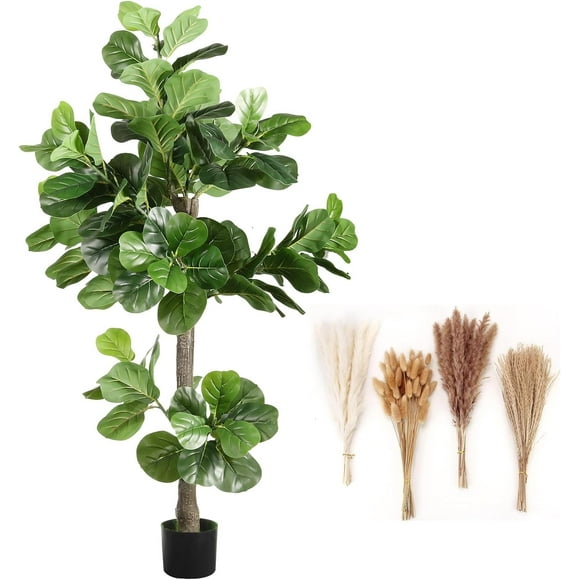 Fiddle Leaf Fig Tree Artificial 5ft Tall Faux Fiddle Leaf Fig Plant Fake Tree Indoor Fake Ficus Iyrata Plant Include Pampas Grass Artificial Trees for Office Home Decor Indoor