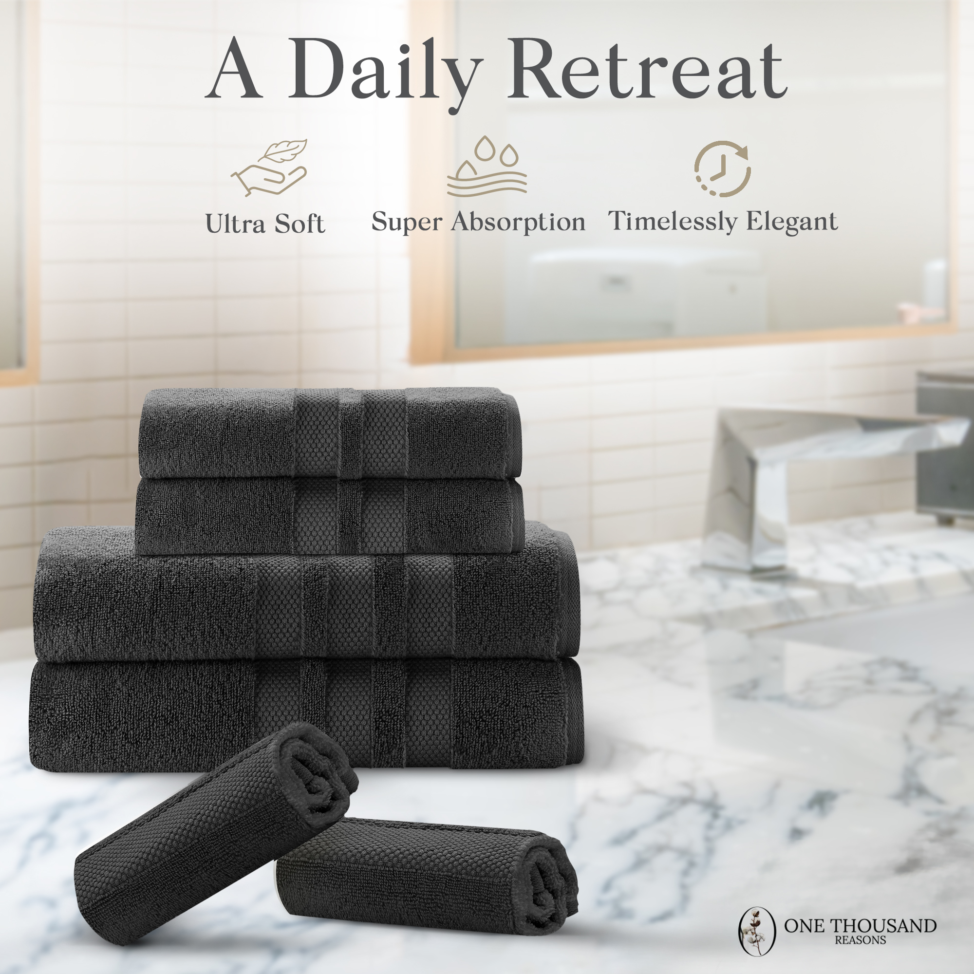 One Thousand Reasons Superior Zero Twist 3 Stripe Towel Set | Bath, Gym, Hand Towels | Luxury & Soft Cotton - Black (6 Pieces)