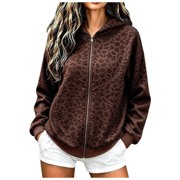 GEWSEY Women's Leopard Zip Up Hoodies Fall Y2K Graphic Hooded Sweatshirt Casual Oversized Warm Fleece Athletic Track Jacket Coat (Brown, XXL)
