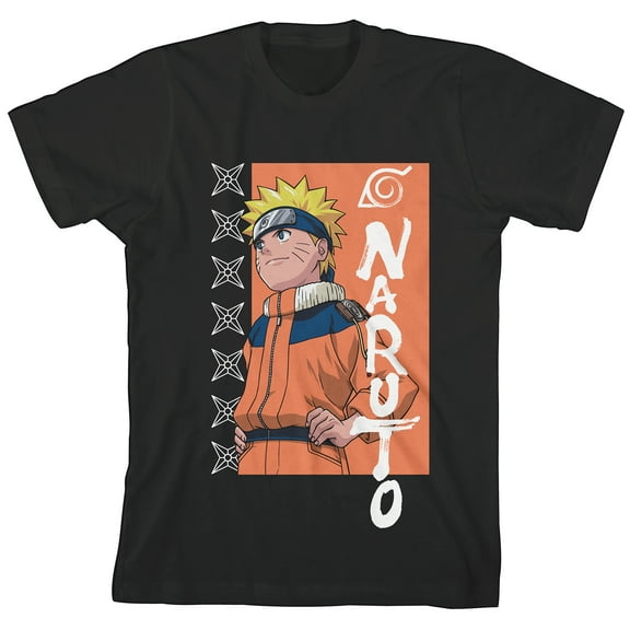 Naruto Main Character & Shurikens Crew Neck Short Sleeve Boy's Black T-shirt-Large