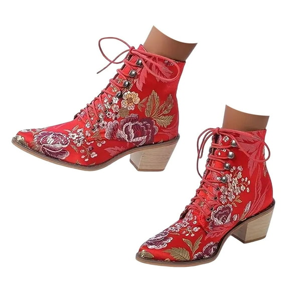 Chenyee Womens Ankle Boots Pointed Toe Lace Up Vintage Floral Embroidered Mid Block Heel Short Cowboy Booties