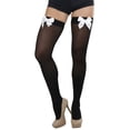thumbnail image 5 of ToBeInStyle Womens Beautiful Satin Bow Opaque Thigh High Stockings - Black w/ White Bow - One Size, 5 of 5