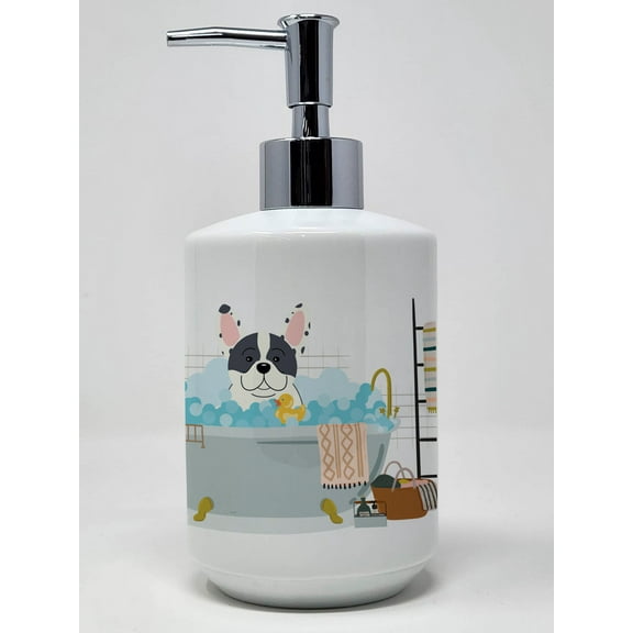 Piebald French Bulldog in Bathtub Ceramic Soap Dispenser 3.5 in x 7.25 in