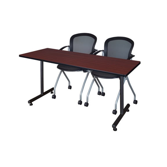 Regency Kobe 66 x 30 in. T-Base Training Seminar Table- Mahogany, 2 Cadence Nesting Chairs