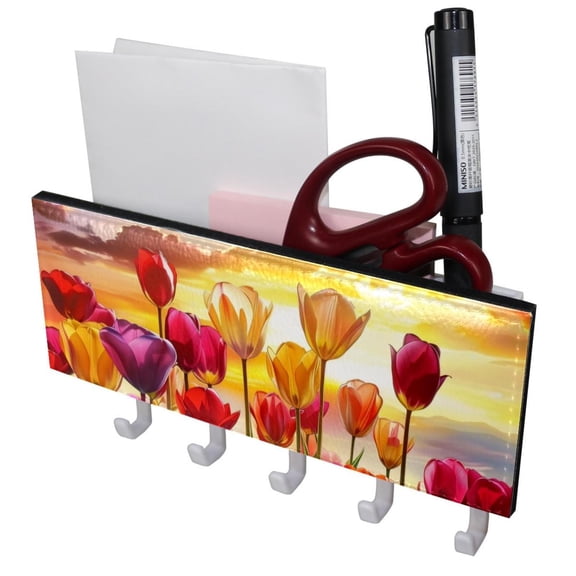 PhooArto Key Holder for Wall Decorative with 5 Key Hooks, Tulip Floral Sunset Landscape Holders Wall Mount Organizer with Mail Key Rack, Self Adhesive