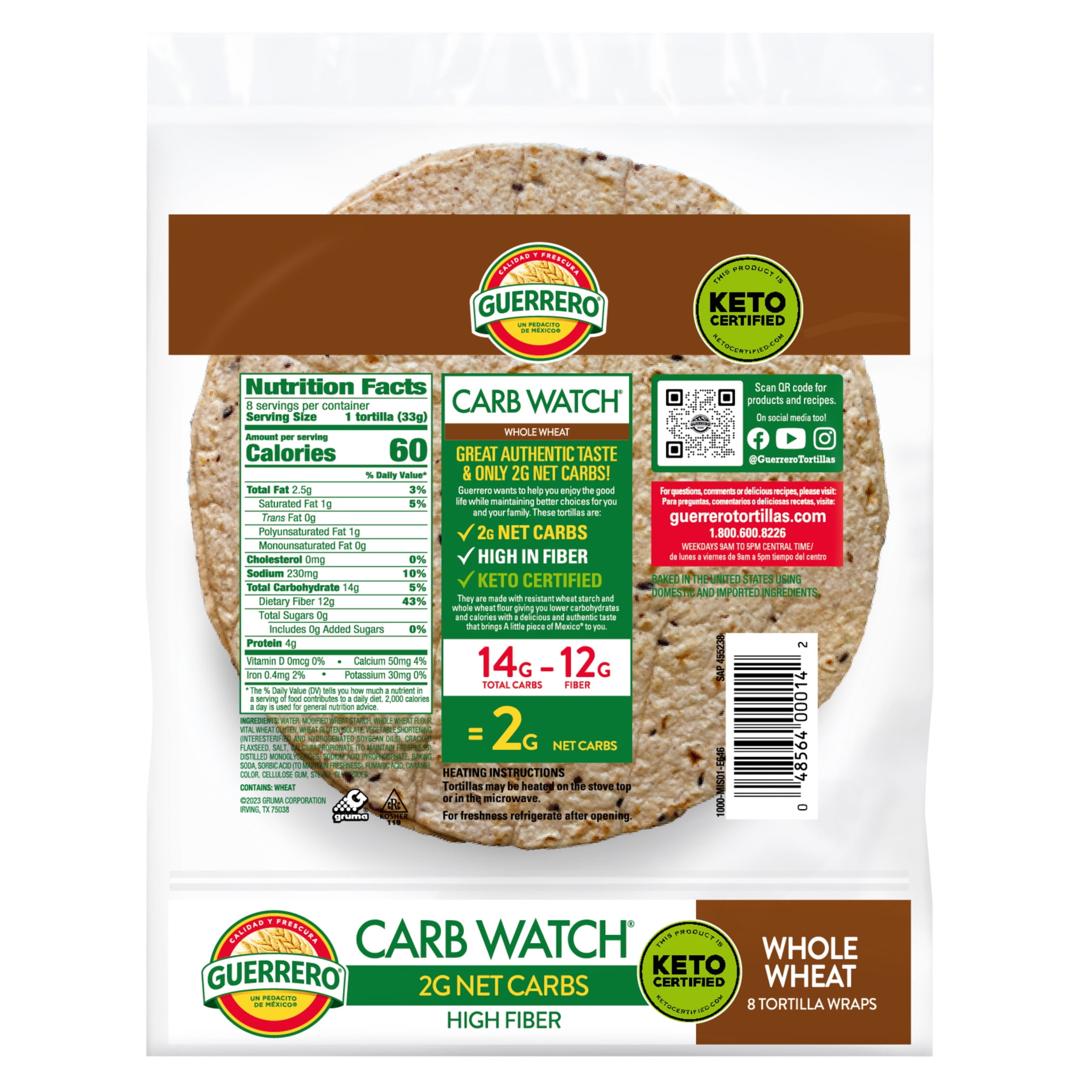 (3 pack) Guerrero Carb Watch Whole Wheat with Flaxseed Flour Tortillas, 8 Count