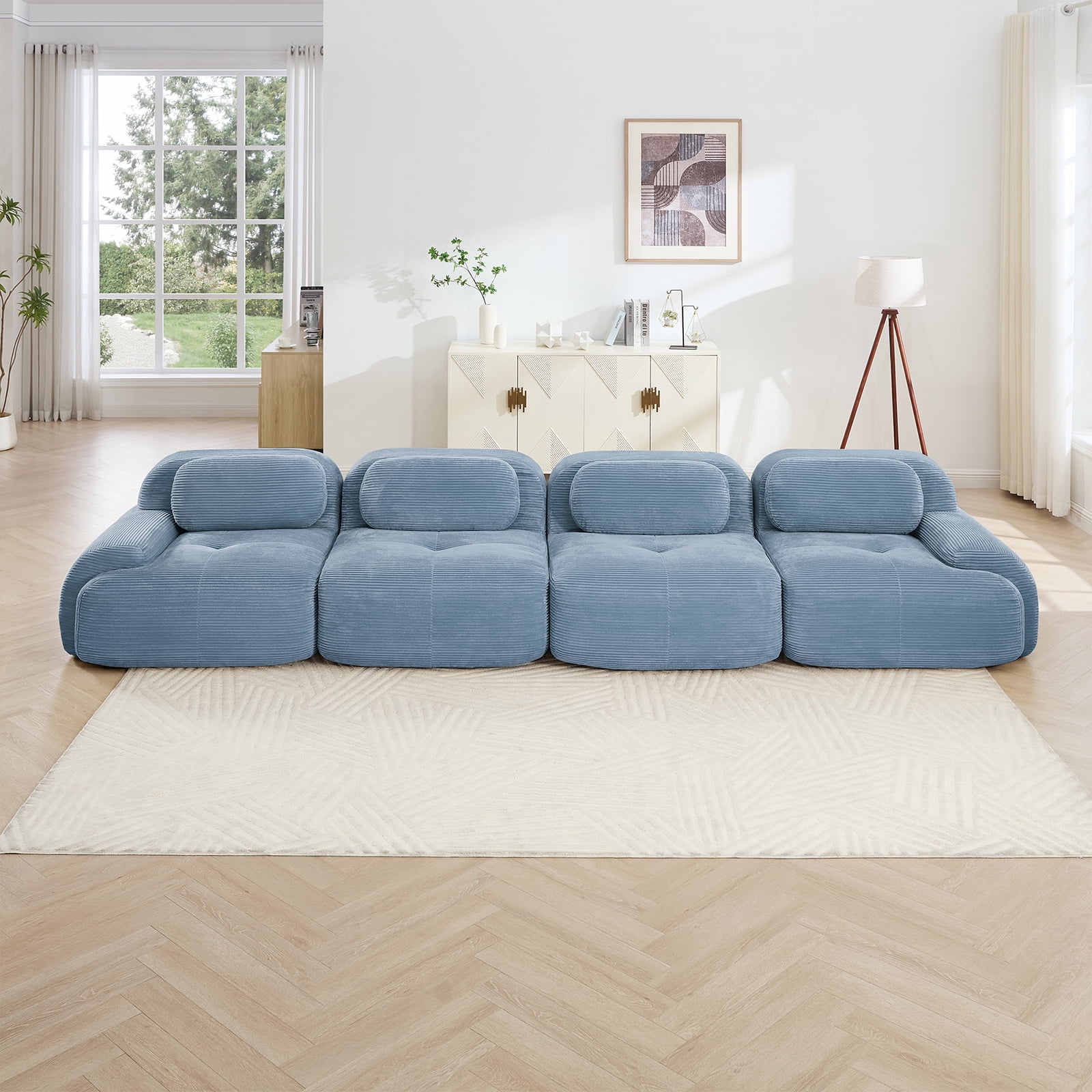 151" Modern Compressed Boneless Couch, 4 Seater Sectional Couches for Living Room, Blue Corduroy Cloud Modular Sectional Sofa, Comfy Memory Foam, Extra Deep, Sofas para Sala, No Assembly