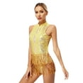 thumbnail image 4 of Doomiva Women's Shiny Sequins Tassel Latin Jazz Dance Leotard Bodysuit Sleeveless Backless Dance Dress Gold L, 4 of 7