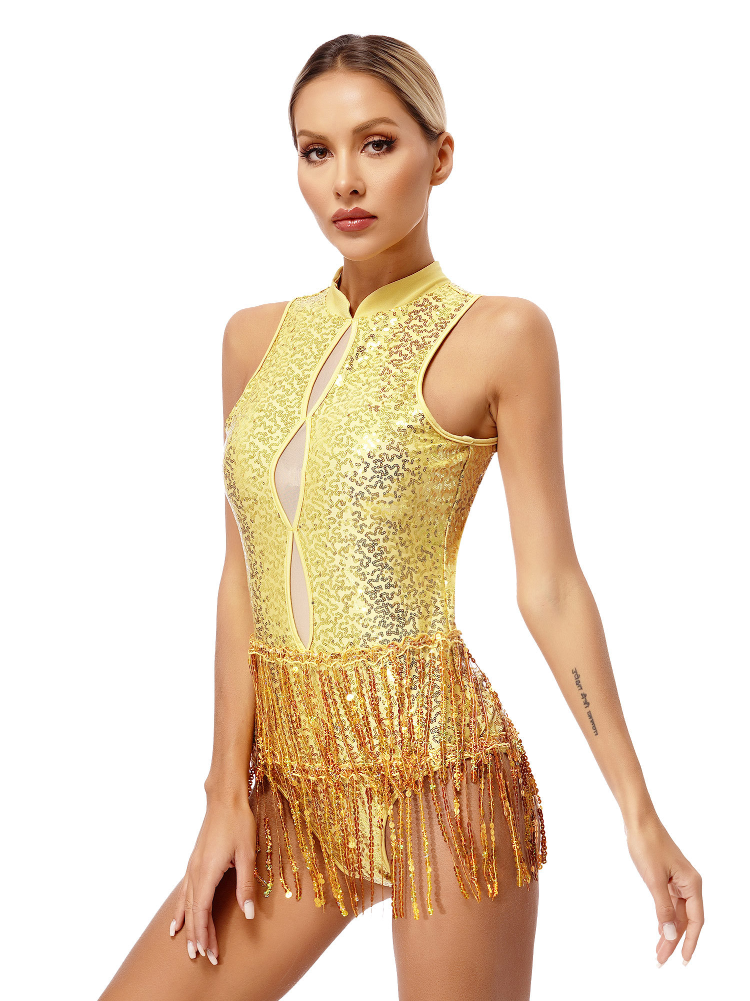 Justaucorps Pailleté à Franges Pour Danse Latine – Sans Manches, Dos Ouvert – Pour Cha-cha, Salsa, Spectacle