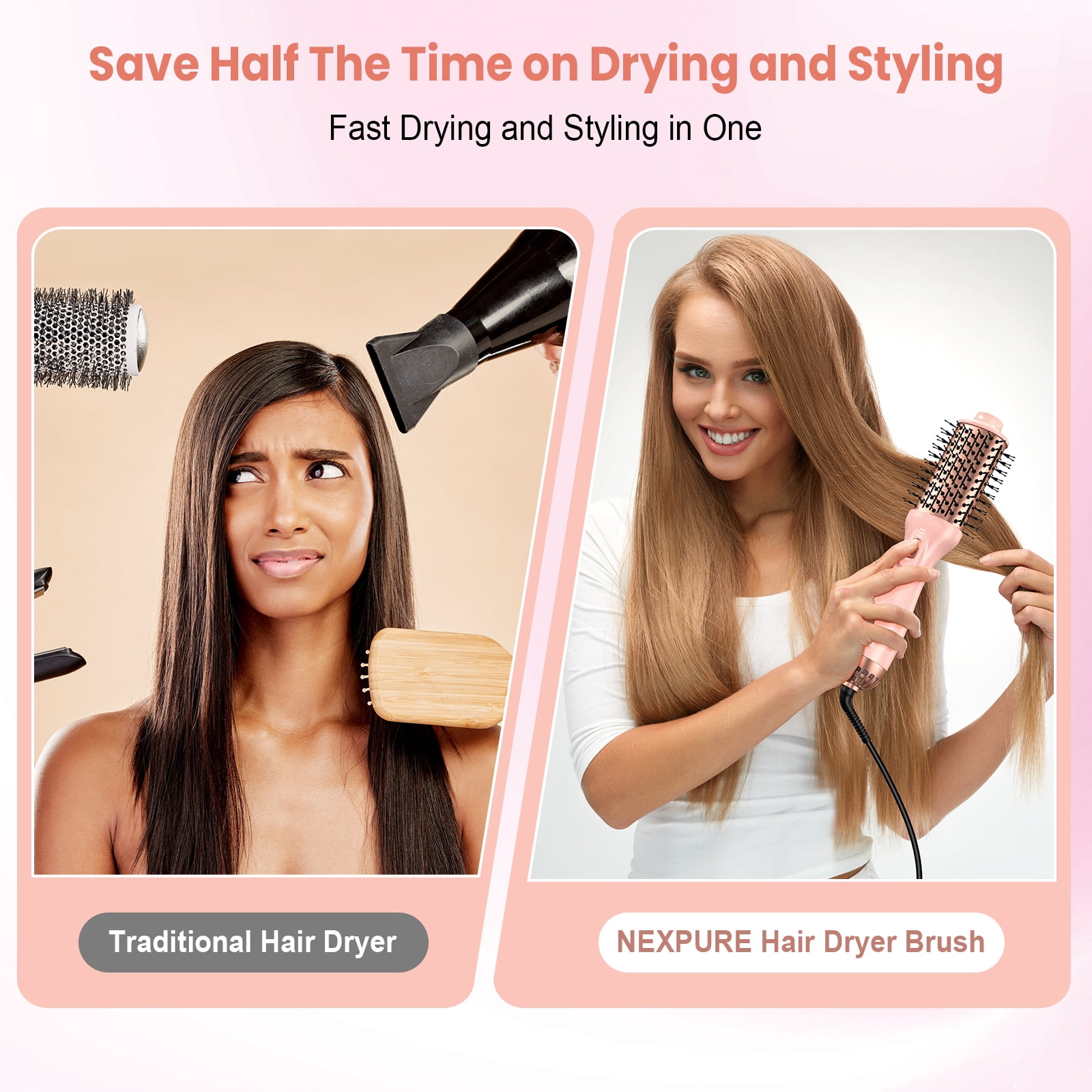 NEXPURE 4-in-1 Blow Dryer Brush for Thick Hair, Ionic Hot Air Hair Volumizer