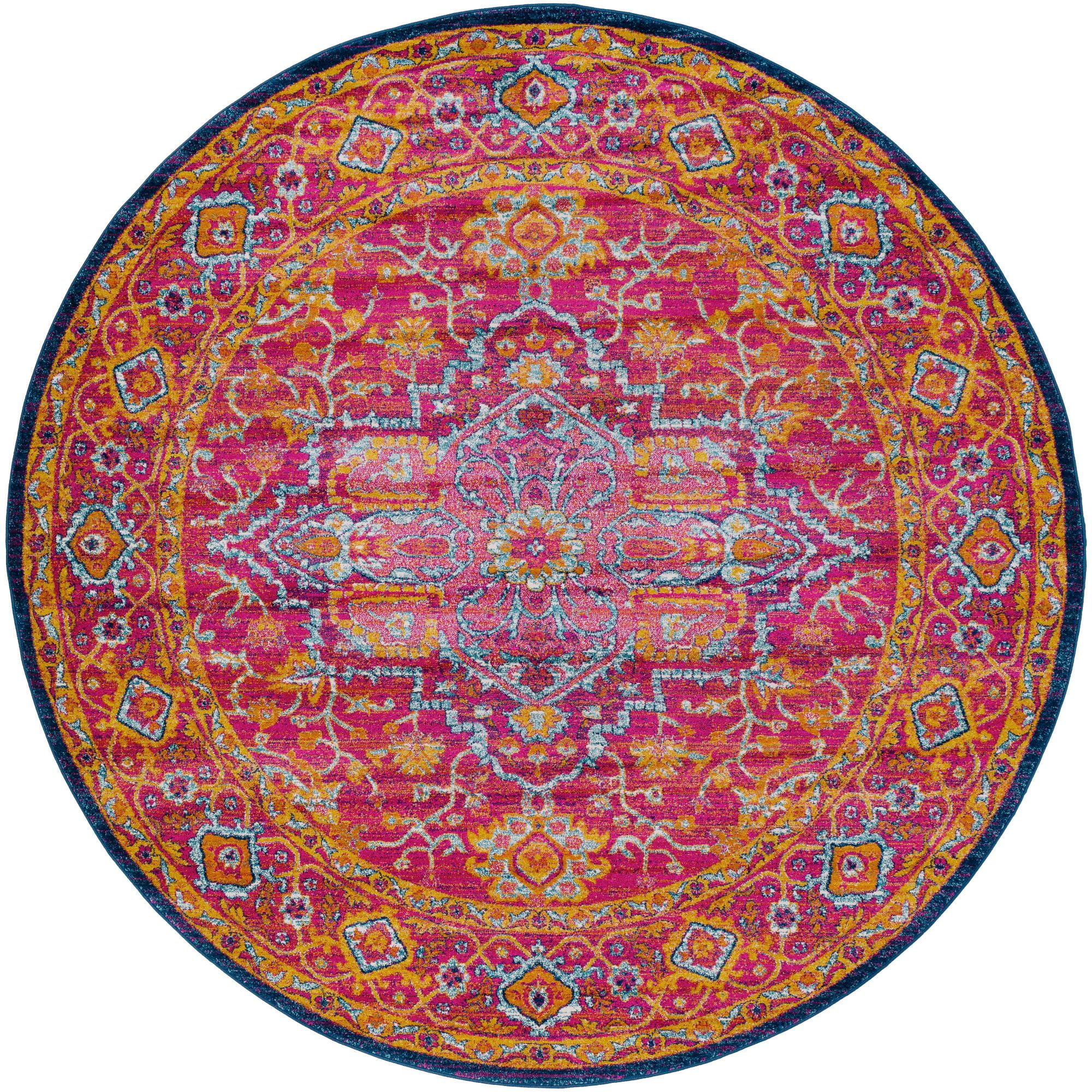 5.25' Burnt Orange and Blue Traditional Style Round Area Throw Rug