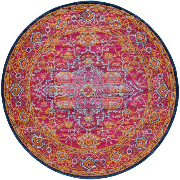 5.25' Burnt Orange and Blue Traditional Style Round Area Throw Rug