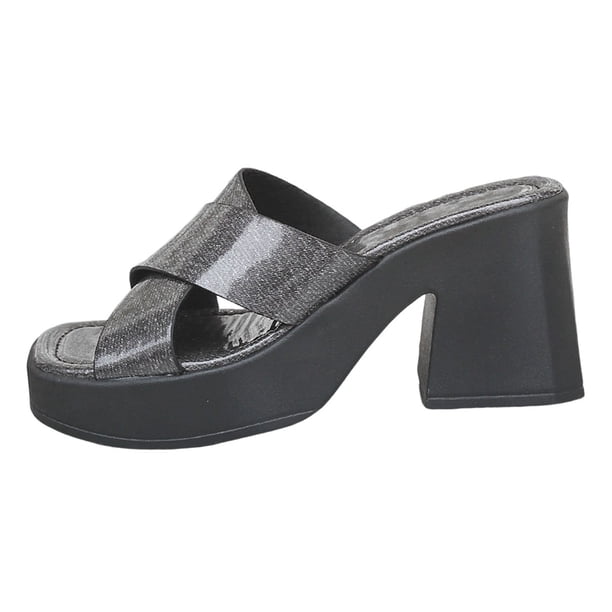 Bmisegm Women's Simple Solid Color High Heel Heel Square Head One Word Middle Heel Summer Slippers Sandals Women Summer Black 9