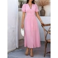 thumbnail image 2 of Women Summer Casual Midi Dress Puff Sleeve V Neck Ruched Button Front Split Boho Beach Vacation Wedding Dresses 2025 Pink XL, 2 of 8