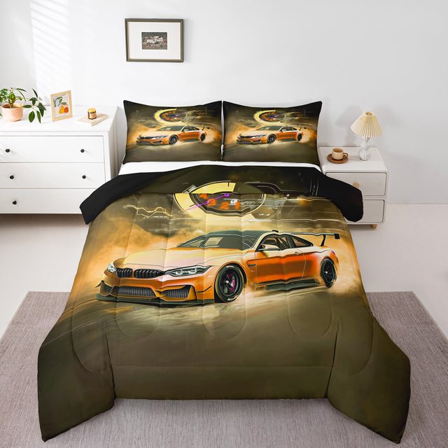 Erosebridal Racing Car Comforter Sets Queen Size,Extreme Sports Bedding Queen Comforter Set,Gradient Bedroom Decor,Reversible,Ultra Soft,3 Pieces
