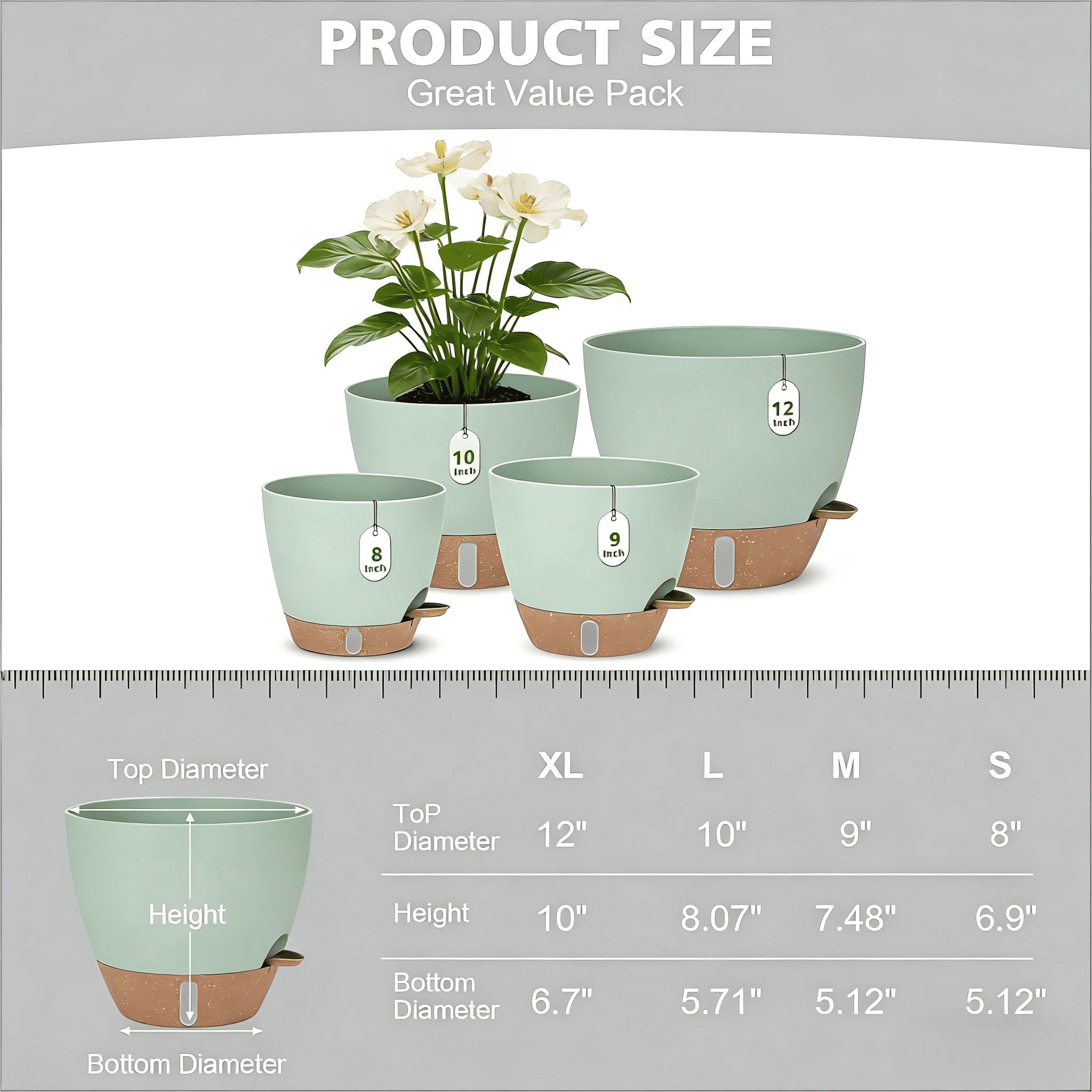Lopxenu 12" 10" 9" 8" Self Watering Pots with Water Level Indicator, Large Plastic Planters Set with Drainage Hole and Removable Saucer Reservoir, Big Flower Pot for Indoor Outdoor Plants (Green)