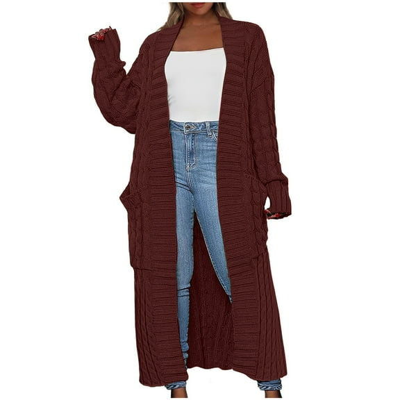 Long Cardigan Sweater Ladies Open Front Long Sleeve Chunky Cable Knit Duster Outerwear Maxi Casual Jacket Coats (Medium, Coffee)
