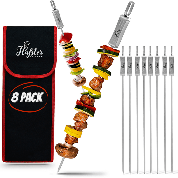 Skewers for Grilling 16" Long Flat BBQ Skewers with Push Bar Shish