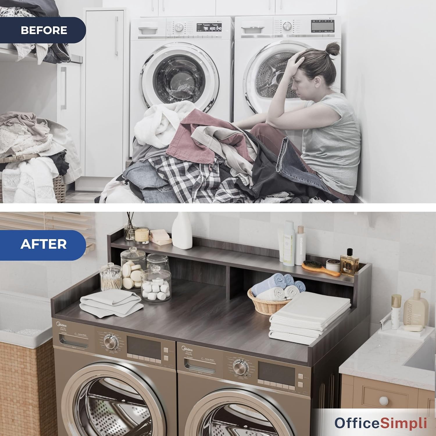 OfficeSimpli Washer Dryer Countertop with Shelf - 27.5 x 54 Inch - Made in USA Laundry Countertop Over Washer and Dryer with Non-Slip Pads, Storage Shelf, Laundry Topper Organizer, Iconic Maple