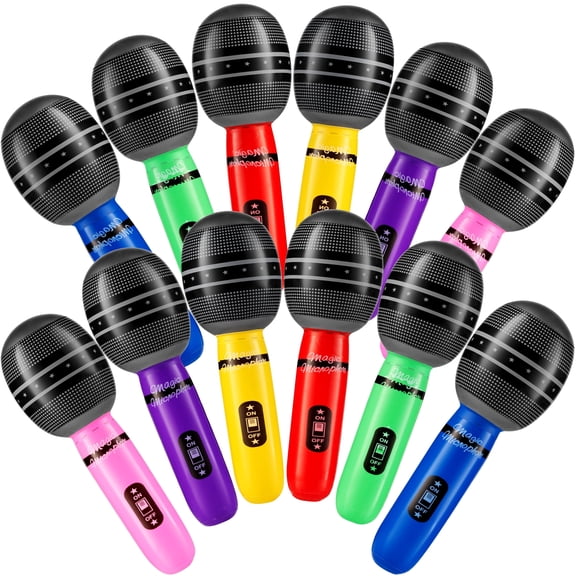 Rykon Inflatable Microphones for Parties, Pack of 12, 10-Inch Neon Blow Up Microphone Toys for Kids, Party Favors, Karaoke Decorations, Photo Booth Props & Birthdays