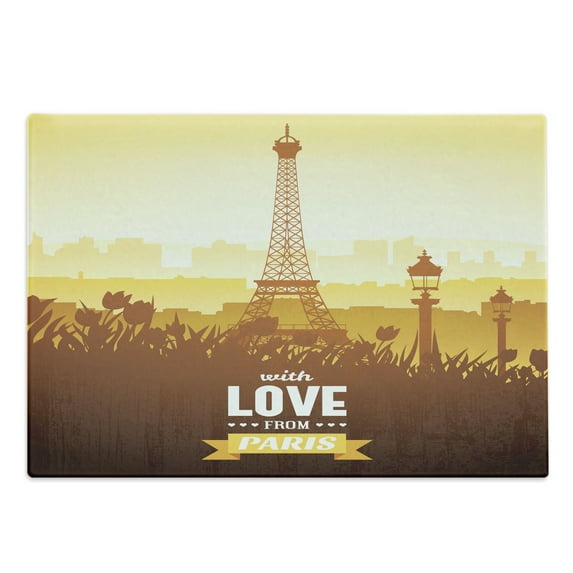 Paris Cutting Board, Eiffel Tower with Tulip and City Silhouette Nostalgic Town Floral Romantic, Decorative Tempered Glass Cutting and Serving Board, Large Size, Orange Yellow Brown, by Ambesonne